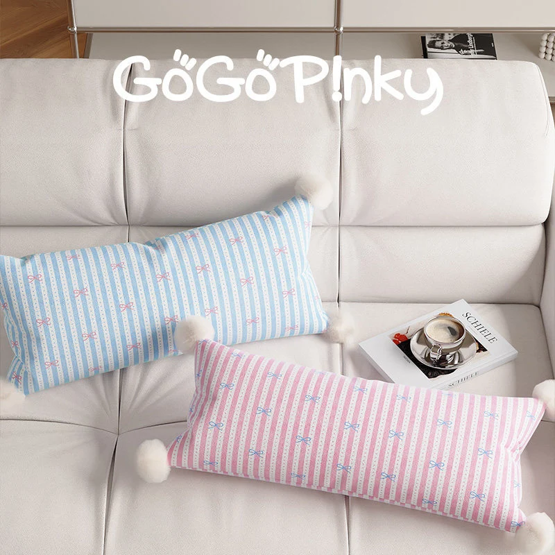 Long Lumbar Decorative Throw Pillow with Pom-Pom Corners and Bow-Striped Cotton-Linen Cover
