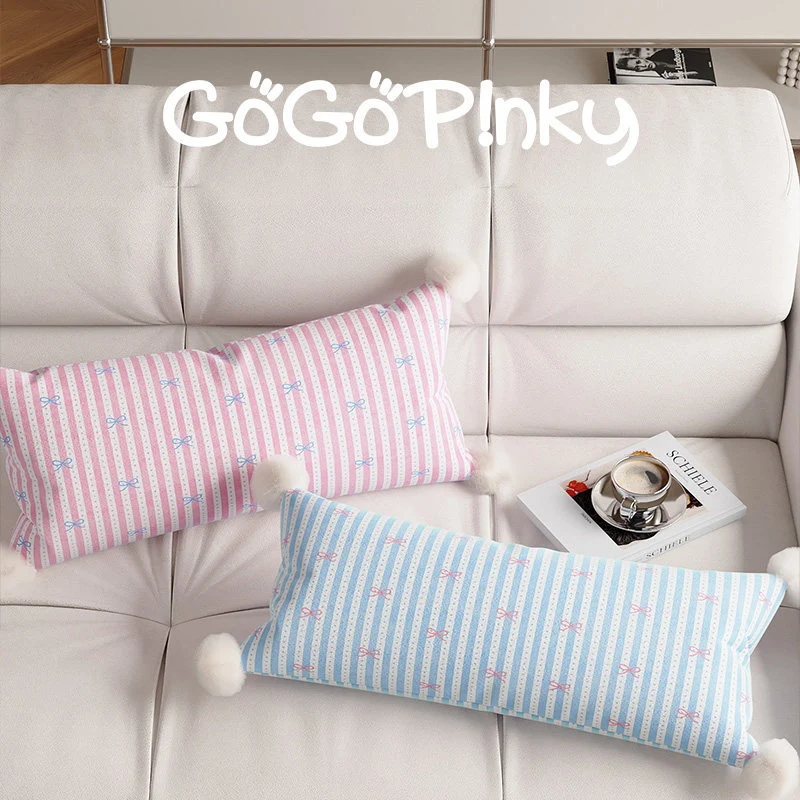 Long Lumbar Decorative Throw Pillow with Pom-Pom Corners and Bow-Striped Cotton-Linen Cover