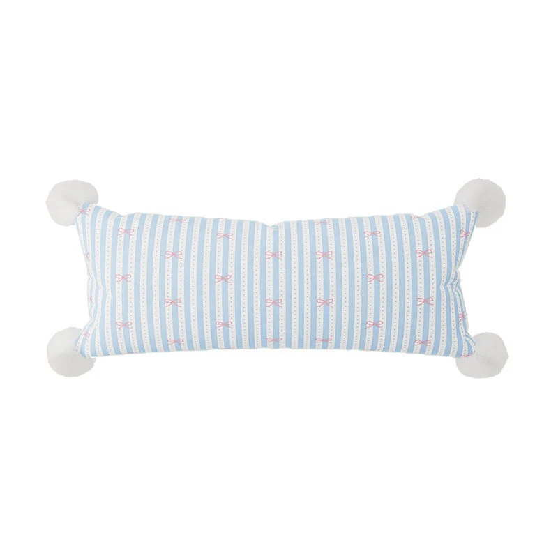 Long Lumbar Decorative Throw Pillow with Pom-Pom Corners and Bow-Striped Cotton-Linen Cover
