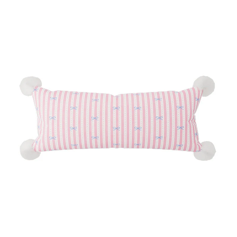 Long Lumbar Decorative Throw Pillow with Pom-Pom Corners and Bow-Striped Cotton-Linen Cover