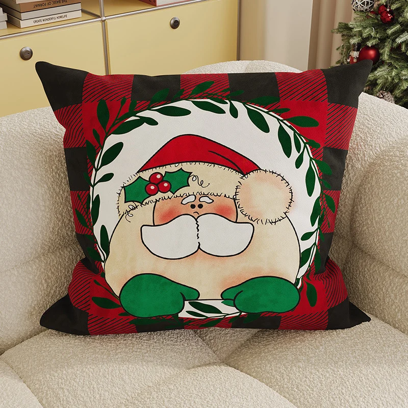 Festive Buffalo Plaid Santa Face Decorative Pillow Cover with Concealed Zipper