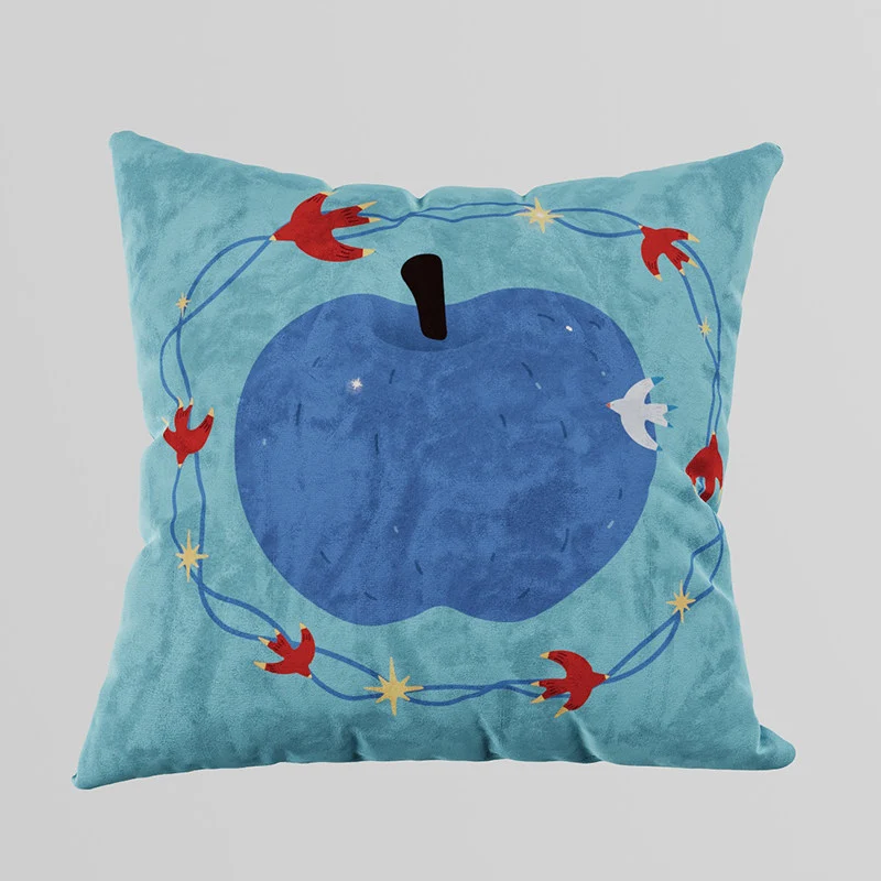 Decorative Velvet Square Throw Pillow with Illustrated Apple & Swallow Motif
