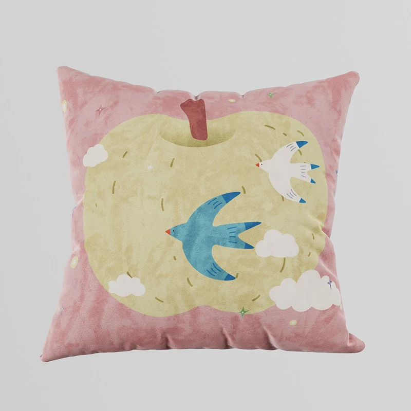 Decorative Velvet Square Throw Pillow with Illustrated Apple & Swallow Motif