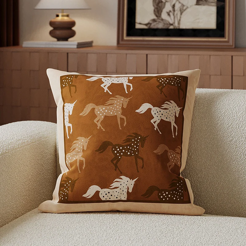 Decorative Velvet-Front Throw Pillow Cover with Unicorn Motif and Contrast Piped Edge