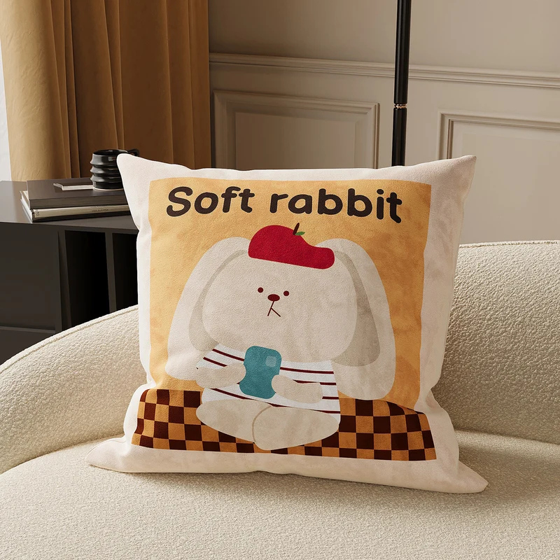 Decorative Striped Cotton-Linen Throw Pillow Cover with Playful Black Cat Motif