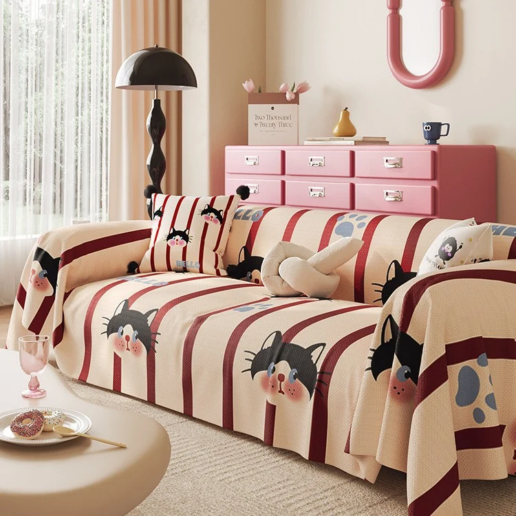 Decorative Stretch-Fit Cat-Print Reversible Sofa Slipcover with Elasticized Skirt