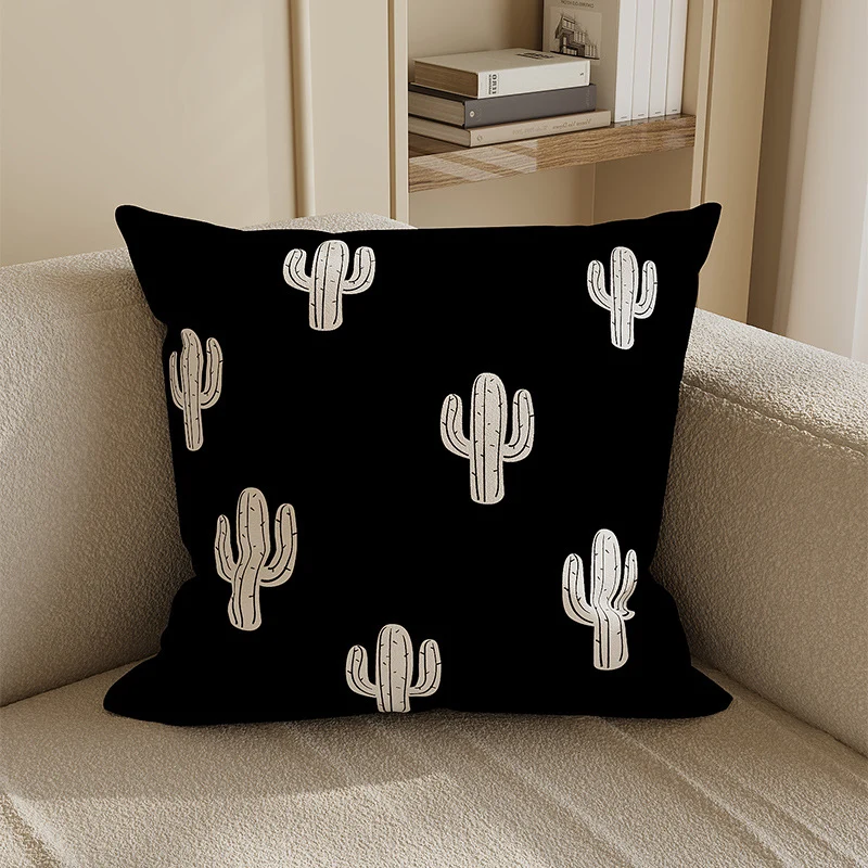 Decorative Square Cotton-Linen Throw Pillow Cover with Cactus Motif and Hidden Zipper