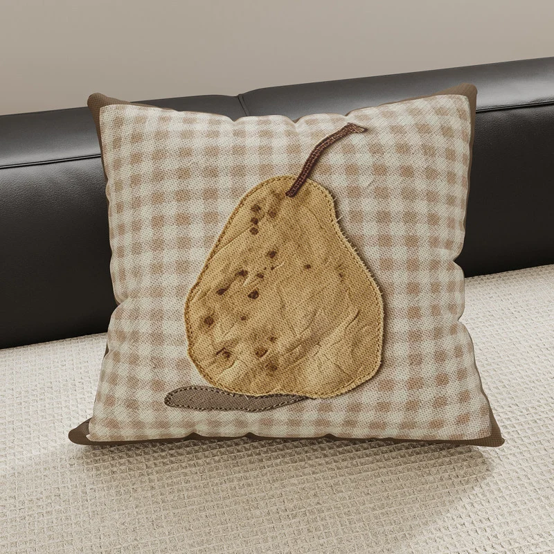 Decorative Gingham Embroidered Pear Appliqué Throw Pillow Cover