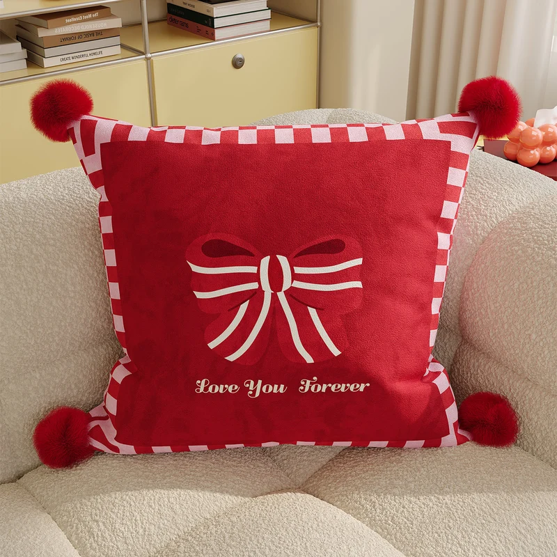 Decorative Cotton-Linen Square Throw Pillow with Pom-Pom Corners and Polka Dot Love Print