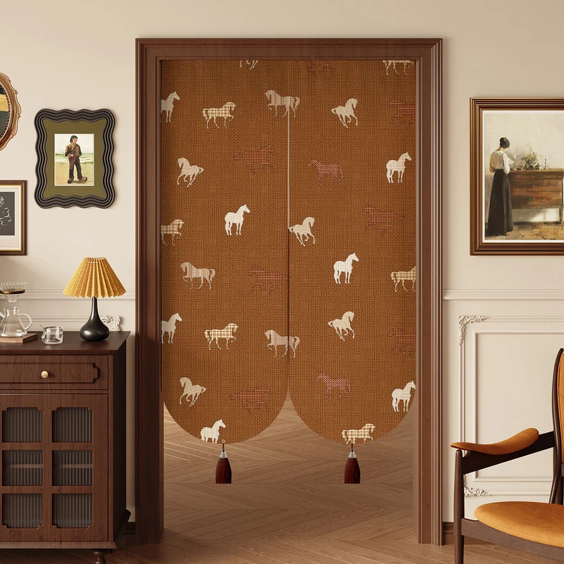 Decorative Cotton-Linen Split Door Curtain with Equestrian Print and Tassel Weights