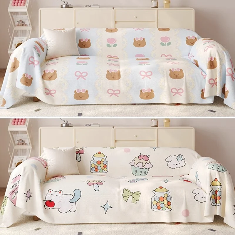 Decorative Cotton-Linen Kawaii Candy and Cat Print Sofa Slipcover