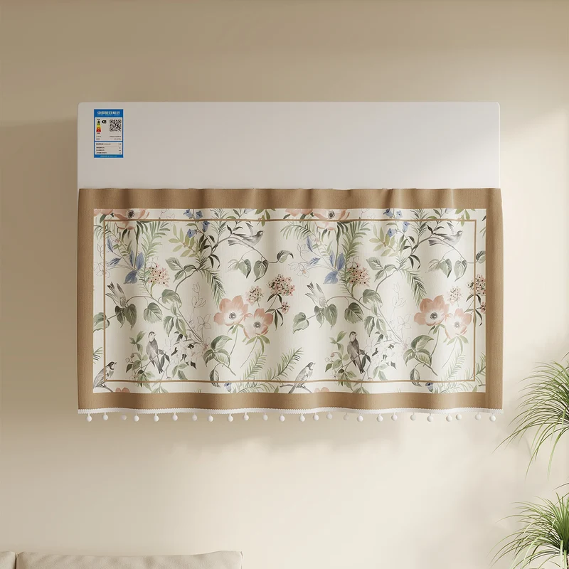 Decorative Air Conditioner Top Dust Cover Curtain with Botanical Bird Print and Pom-Pom Trim