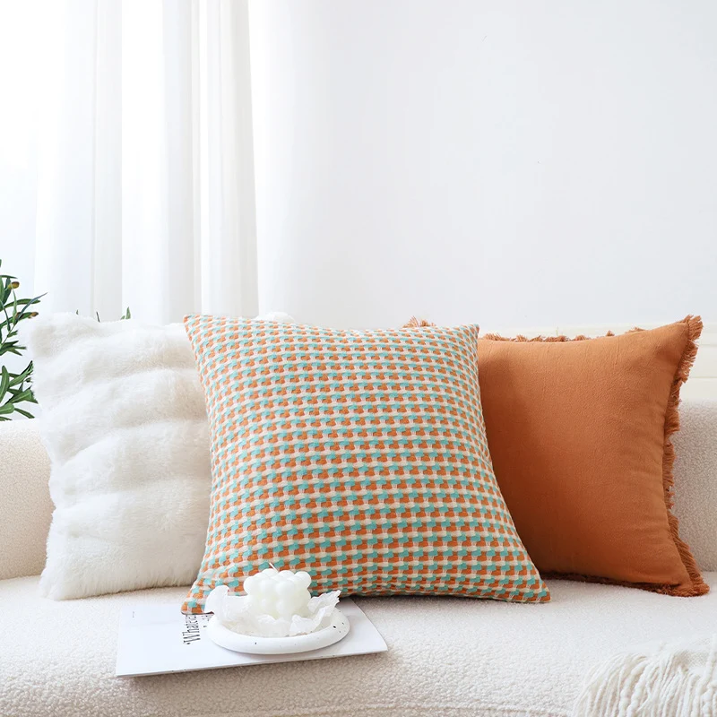 Square cushion cover made of cotton-linen blend with fine houndstooth pattern and textured surface Stornfield
