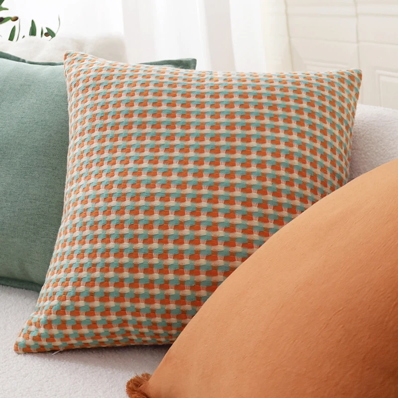 Square cushion cover made of cotton-linen blend with fine houndstooth pattern and textured surface Stornfield