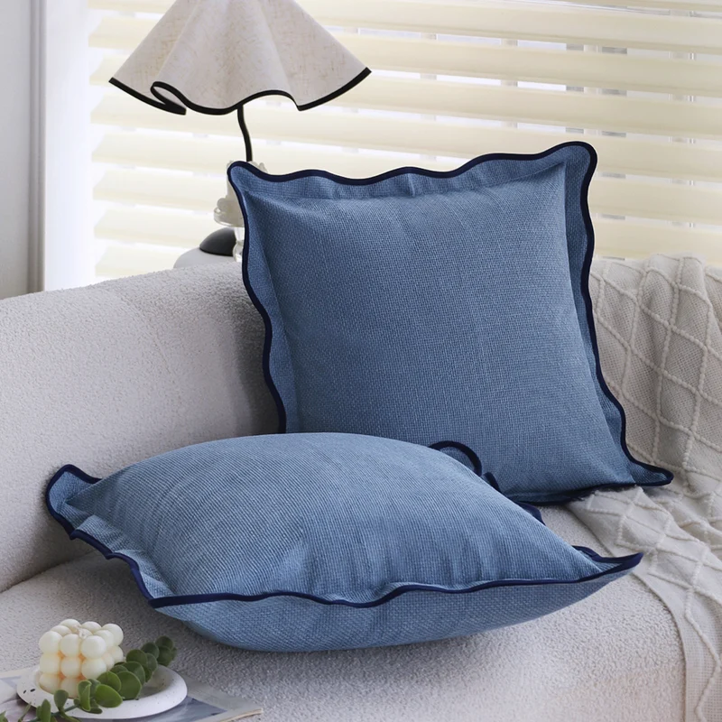 Square cushion cover made of breathable waffle fabric with decorative wavy piping Stornfield