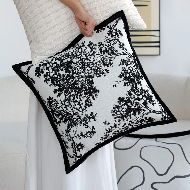 Square jacquard cushion cover with monochrome tree motif and contrasting piping Stornfield