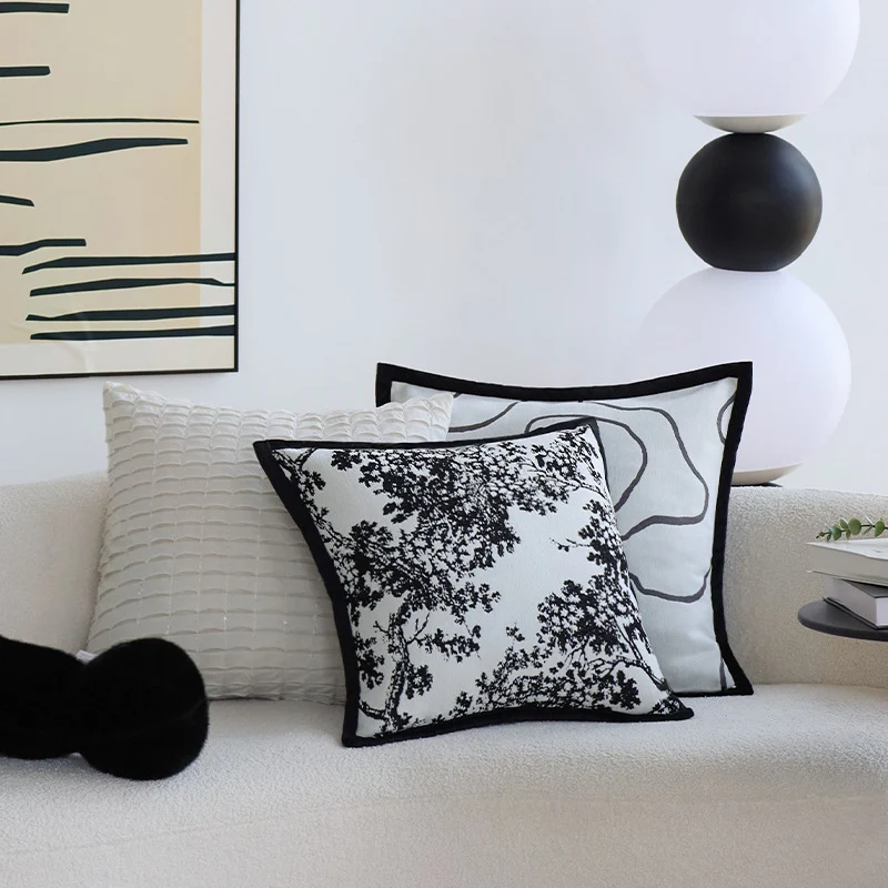 Square jacquard cushion cover with monochrome tree motif and contrasting piping Stornfield