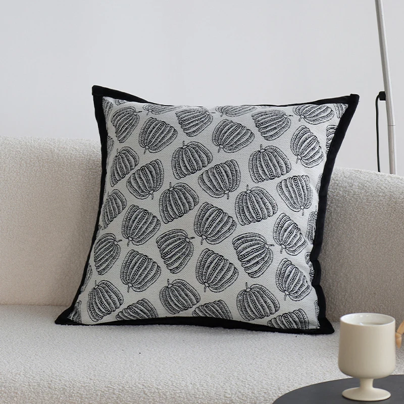 Square jacquard cushion cover with monochrome tree motif and contrasting piping Stornfield