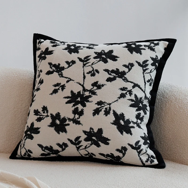 Square jacquard cushion cover with monochrome tree motif and contrasting piping Stornfield