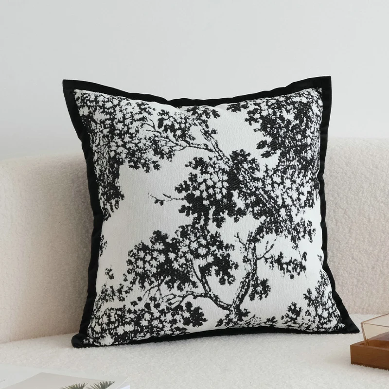 Square jacquard cushion cover with monochrome tree motif and contrasting piping Stornfield