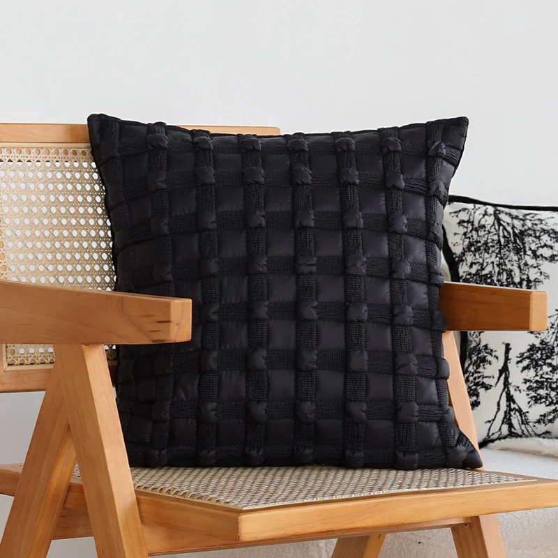Square jacquard cushion cover with monochrome tree motif and contrasting piping Stornfield