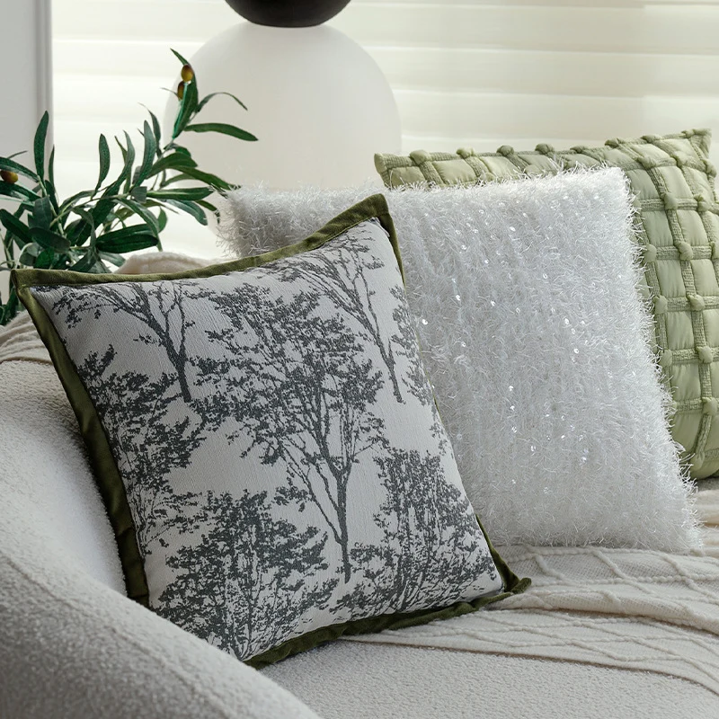 Square jacquard cushion cover with photorealistic tree relief and velvety piping Stornfield