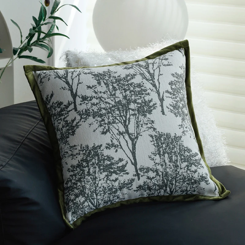 Square jacquard cushion cover with photorealistic tree relief and velvety piping Stornfield
