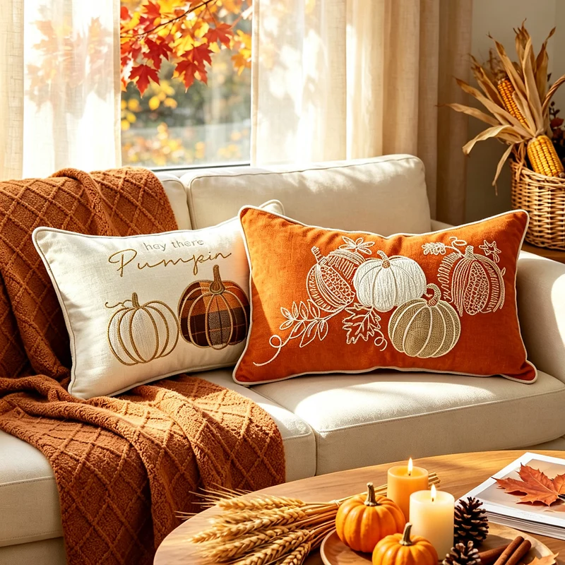 Besticktes Herbst-Pumpkin-Dekokissen