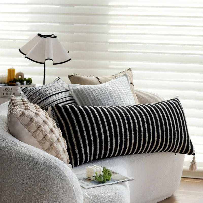 Square woven cushion cover with fine striped texture and fringe edge Stornfield