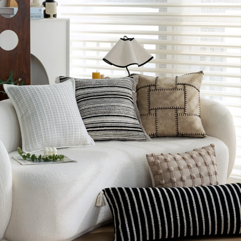 Square woven cushion cover with fine striped texture and fringe edge Stornfield