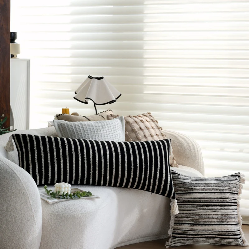 Square woven cushion cover with fine striped texture and fringe edge Stornfield