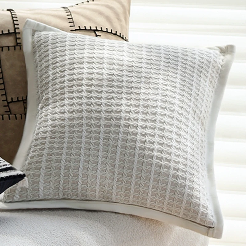 Square woven cushion cover with fine striped texture and fringe edge Stornfield
