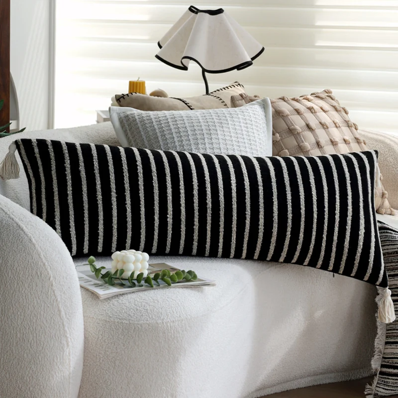 Square woven cushion cover with fine striped texture and fringe edge Stornfield