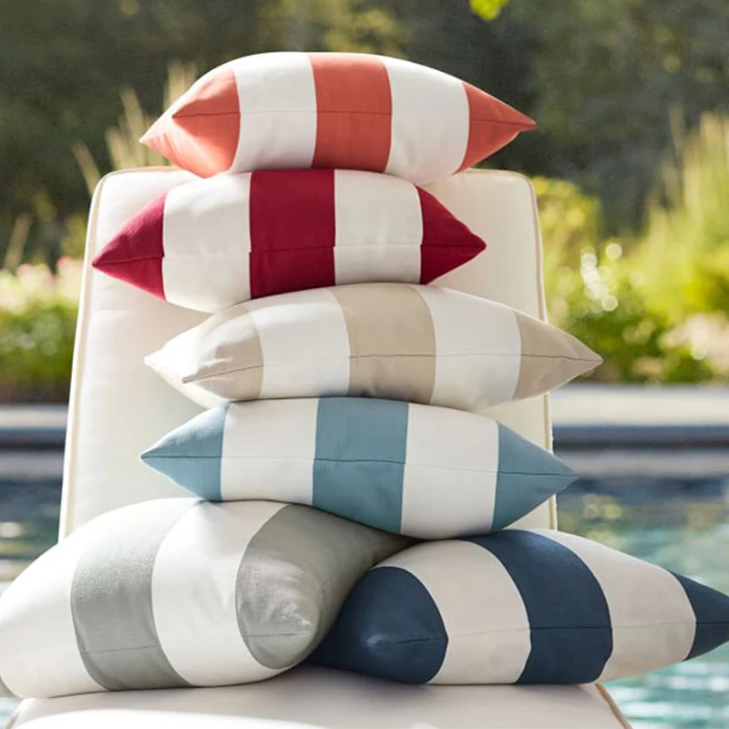 Square striped outdoor cushion cover made of weather-resistant polyester with concealed zipper Stornfield