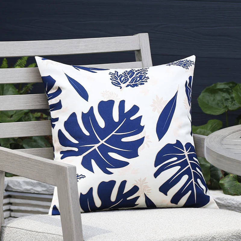 Square garden cushion cover with UV-resistant outdoor polyester, tropical leaf jacquard and concealed zipper Stornfield