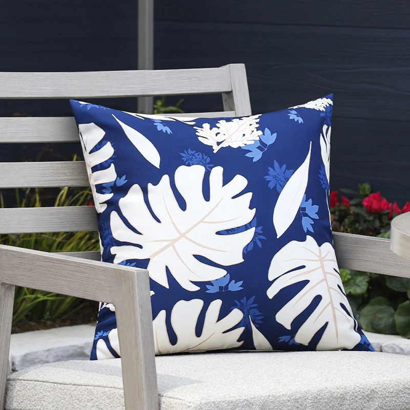 Square garden cushion cover with UV-resistant outdoor polyester, tropical leaf jacquard and concealed zipper Stornfield
