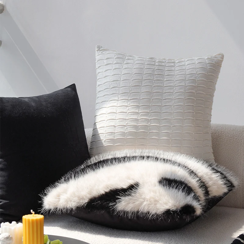 Square fluffy artificial fur cushion cover in zebra look Stornfield