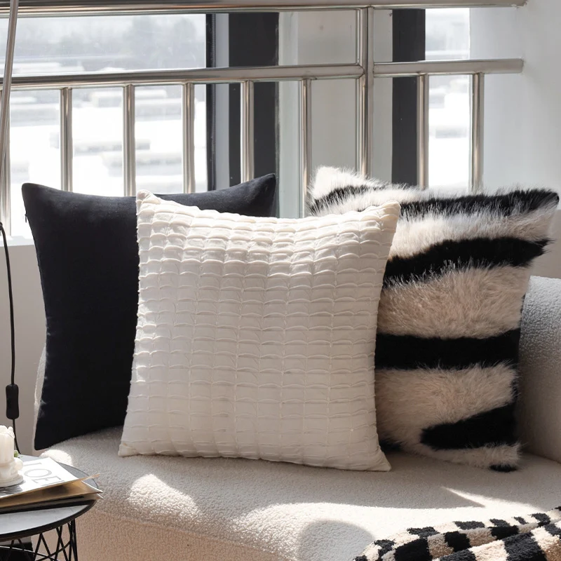 Square fluffy artificial fur cushion cover in zebra look Stornfield