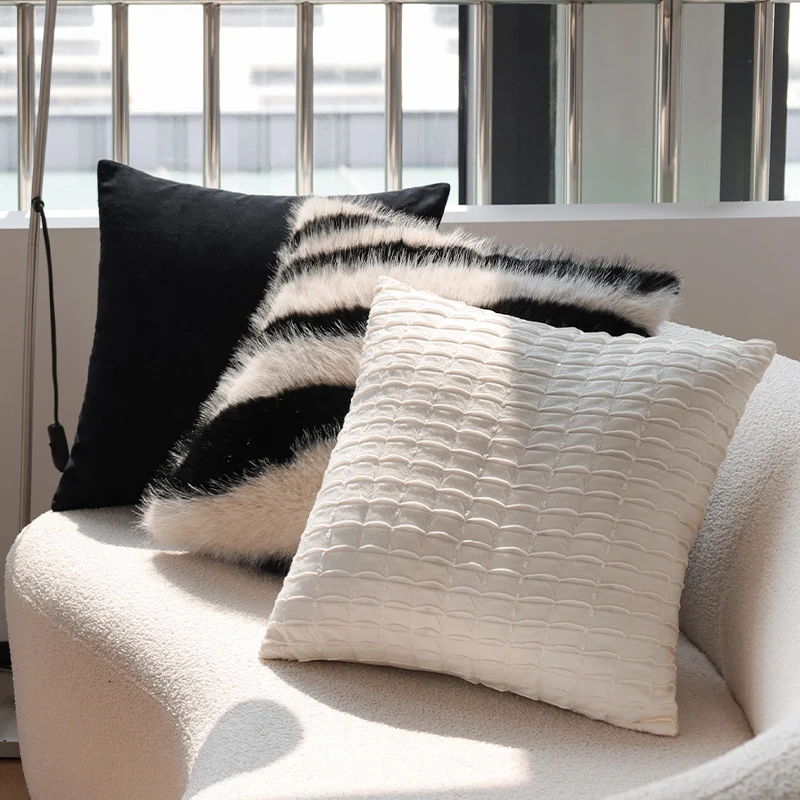 Square fluffy artificial fur cushion cover in zebra look Stornfield
