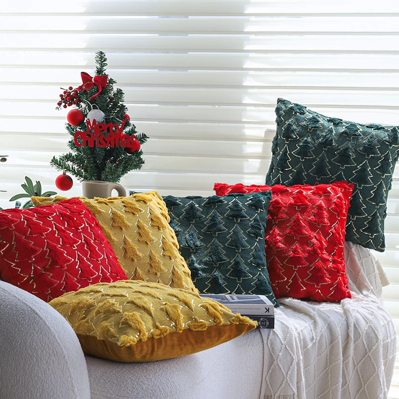 Square festive cushion cover with three-dimensional fir appliqués, sequin contour and velvety microvelours Stornfield