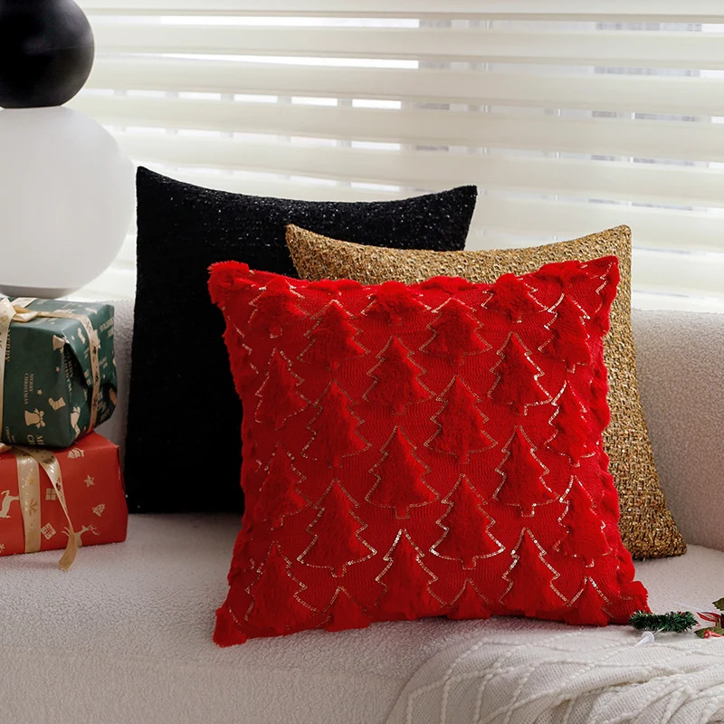 Square festive cushion cover with three-dimensional fir appliqués, sequin contour and velvety microvelours Stornfield
