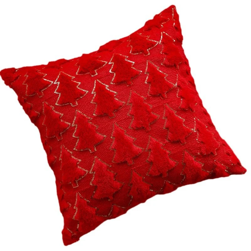 Square festive cushion cover with three-dimensional fir appliqués, sequin contour and velvety microvelours Stornfield