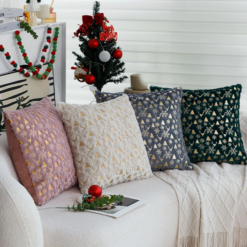 Square festive velvet cushion cover with golden Christmas applique Stornfield