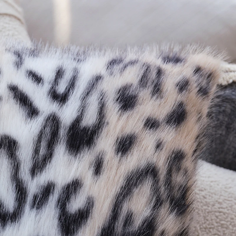 Square faux fur cushion cover in vintage leopard print with extra soft long hair Stornfield