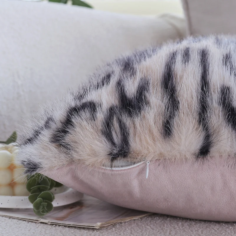 Square faux fur cushion cover in vintage leopard print with extra soft long hair Stornfield