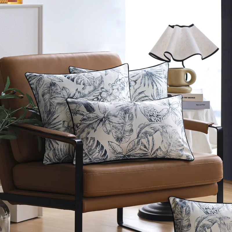 Square decorative cushion cover with sketchy parrot and tropical leaf print, fine piping seam Stornfield