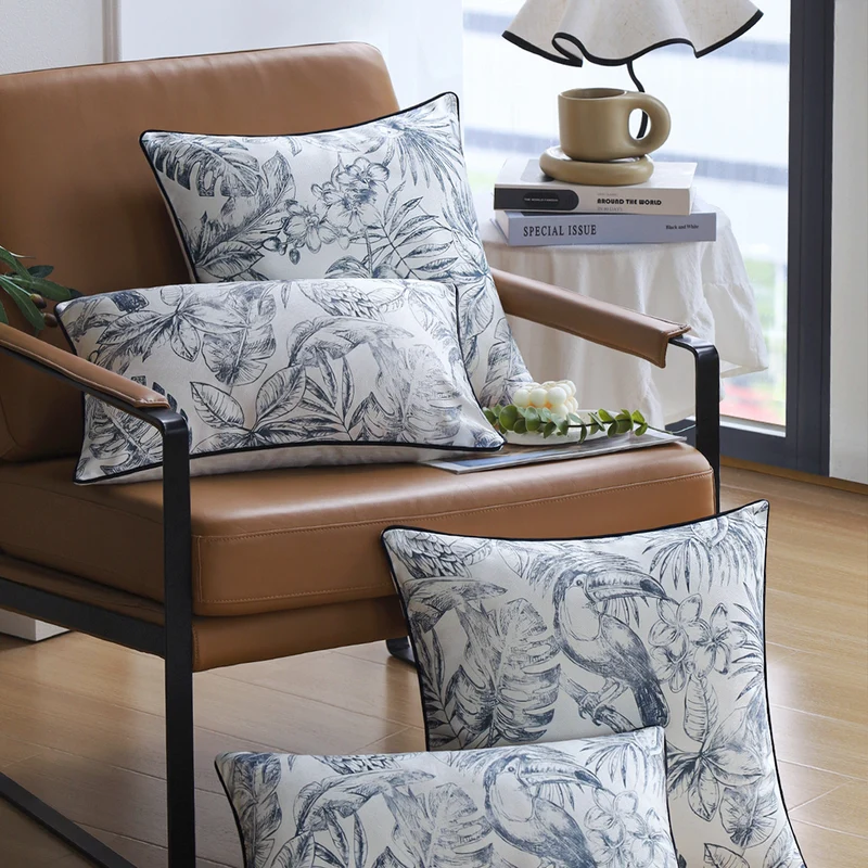 Square decorative cushion cover with sketchy parrot and tropical leaf print, fine piping seam Stornfield