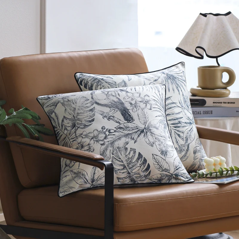 Square decorative cushion cover with sketchy parrot and tropical leaf print, fine piping seam Stornfield