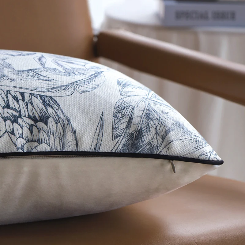 Square decorative cushion cover with sketchy parrot and tropical leaf print, fine piping seam Stornfield