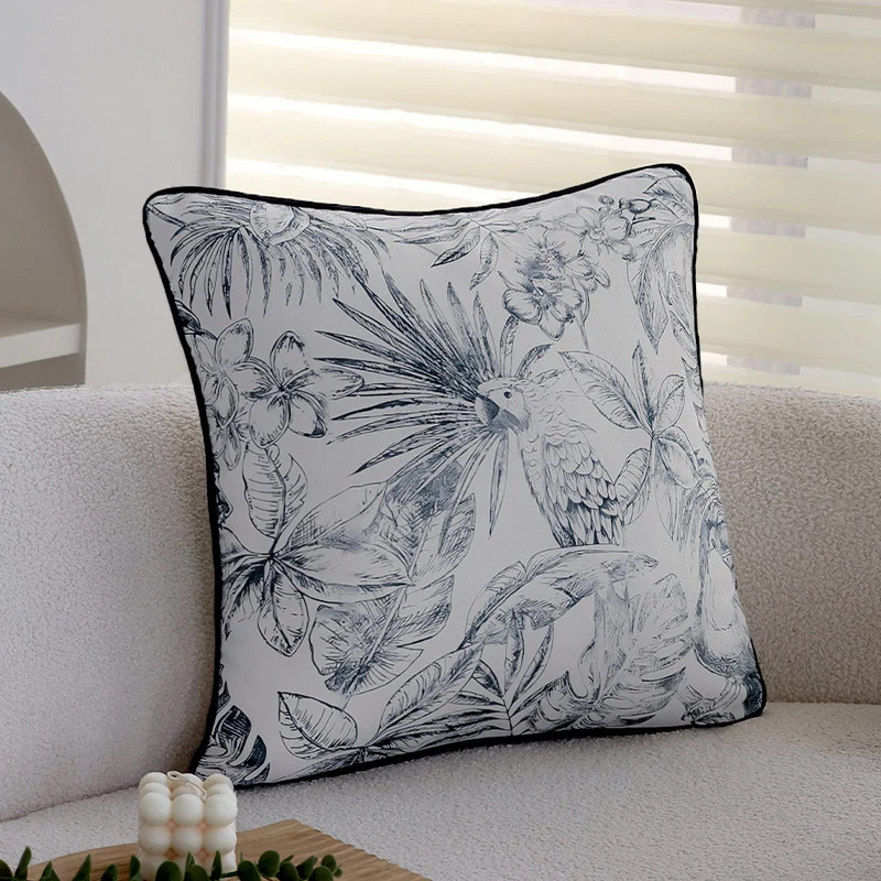 Square decorative cushion cover with sketchy parrot and tropical leaf print, fine piping seam Stornfield